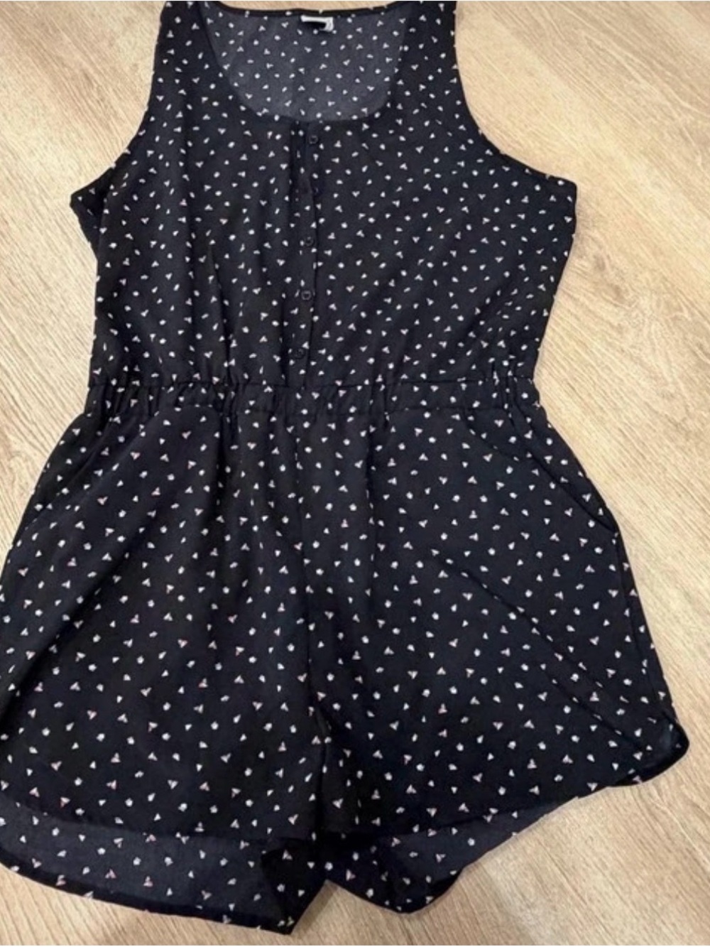 Paper Crane Black Tank Romper with Tiny White Triangle Print